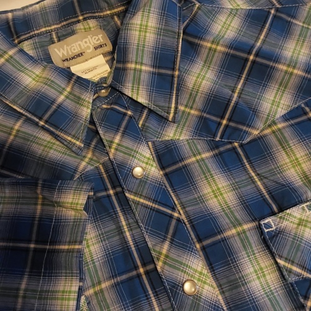 Wrangler Wrancher Wear Shirt Mens XL Blue & White Plaid Pearl Snap Short Sleeve